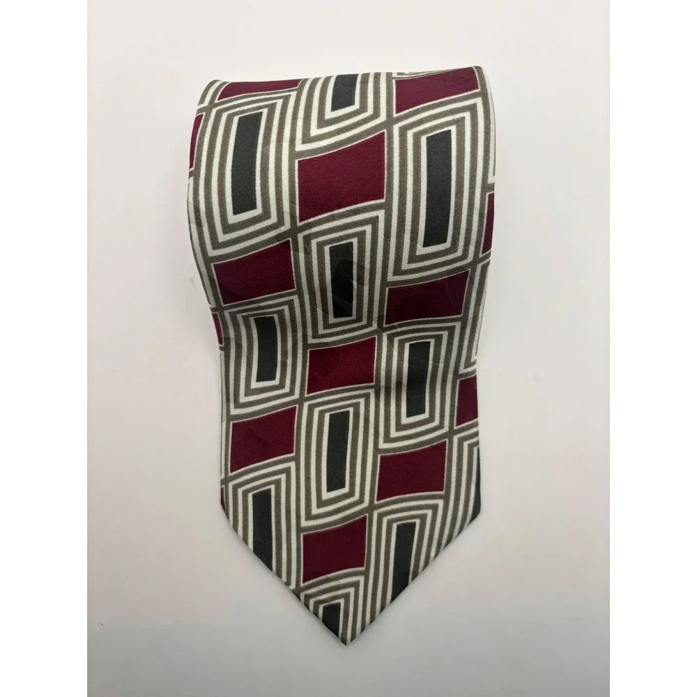 AXXA Mens Geometric Necktie Burgundy Grey Black Rectangular Pattern Silk Blend